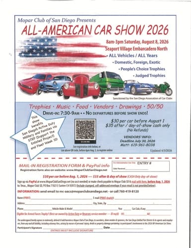 All-American Car Show 2026 - Presented by Mopar Club of San Diego